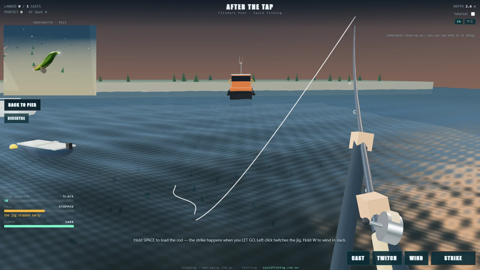 First-person view from the pier in the game: rod, line with a bow of slack, and the orange pilot boat ahead