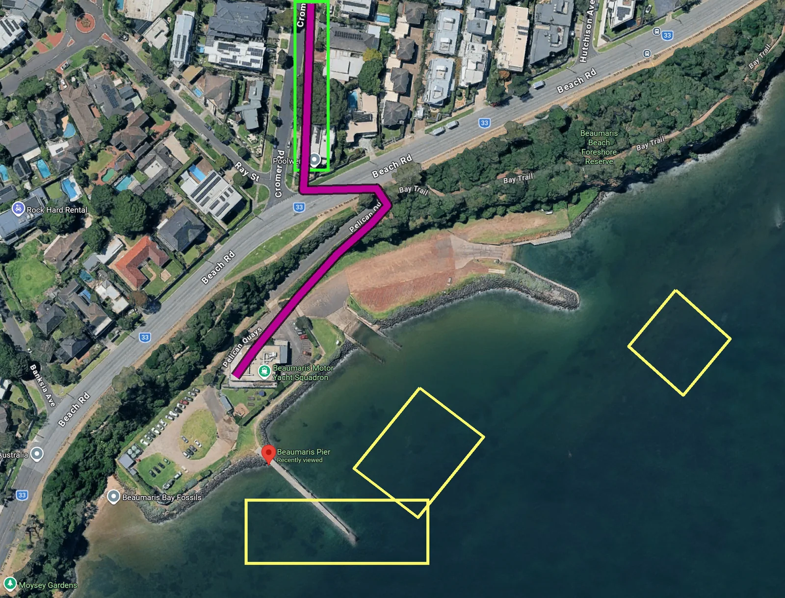 Annotated Beaumaris Pier squid fishing map showing public parking, the walk down route, BMYS access and productive casting zones