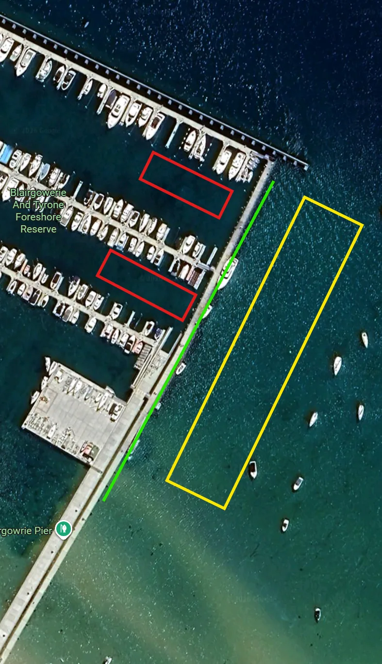 Blairgowrie Pier squid fishing spots: broken ground, marina edge and breakwall