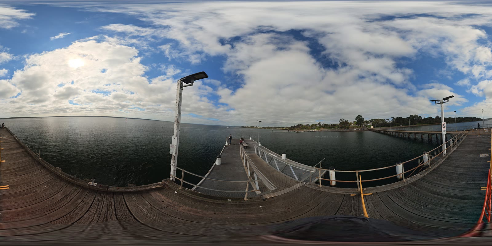 Interactive 360-degree field view from Corinella Jetty across the timber deck, lower landing and Western Port water