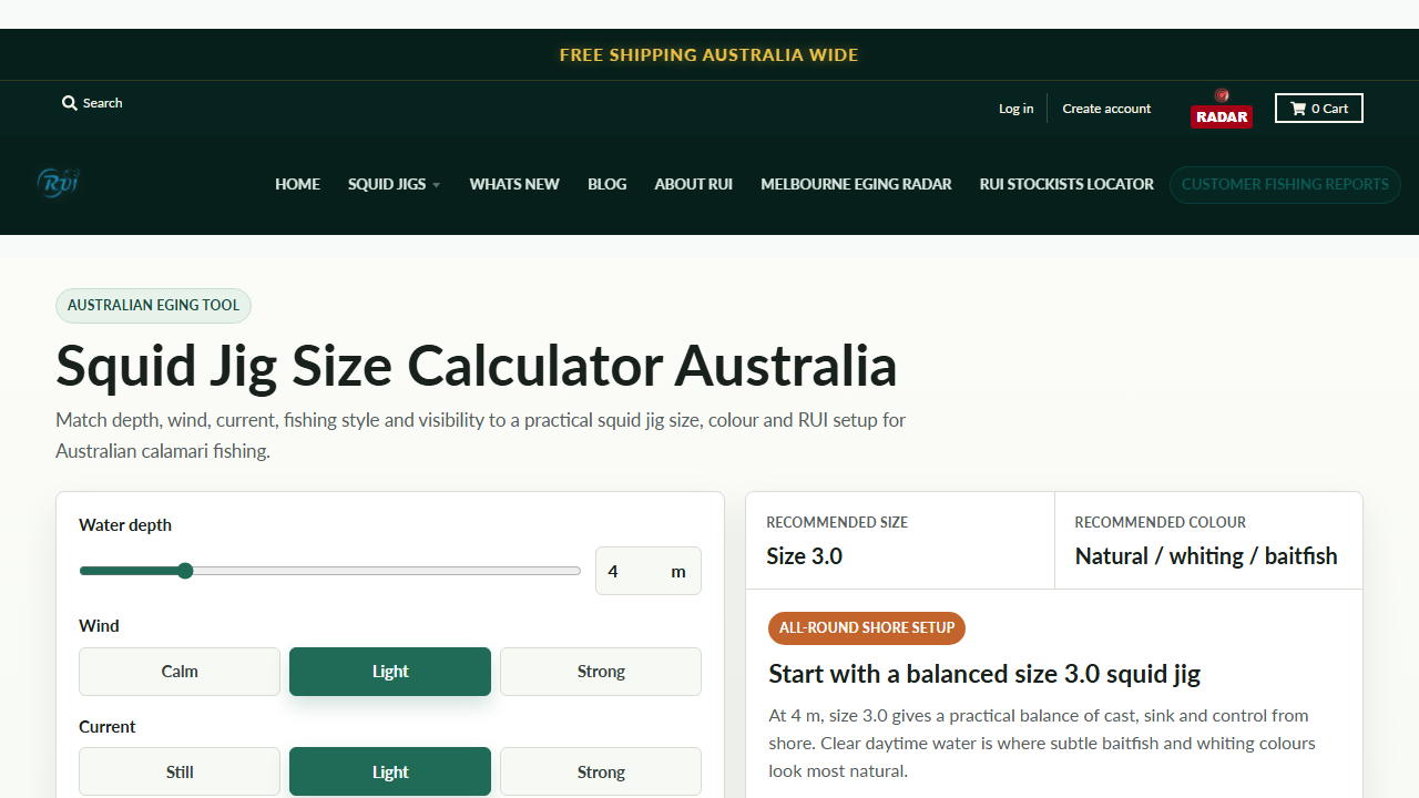 RUI Squid Jig Size Calculator showing a size 3.0 recommendation for light wind and current