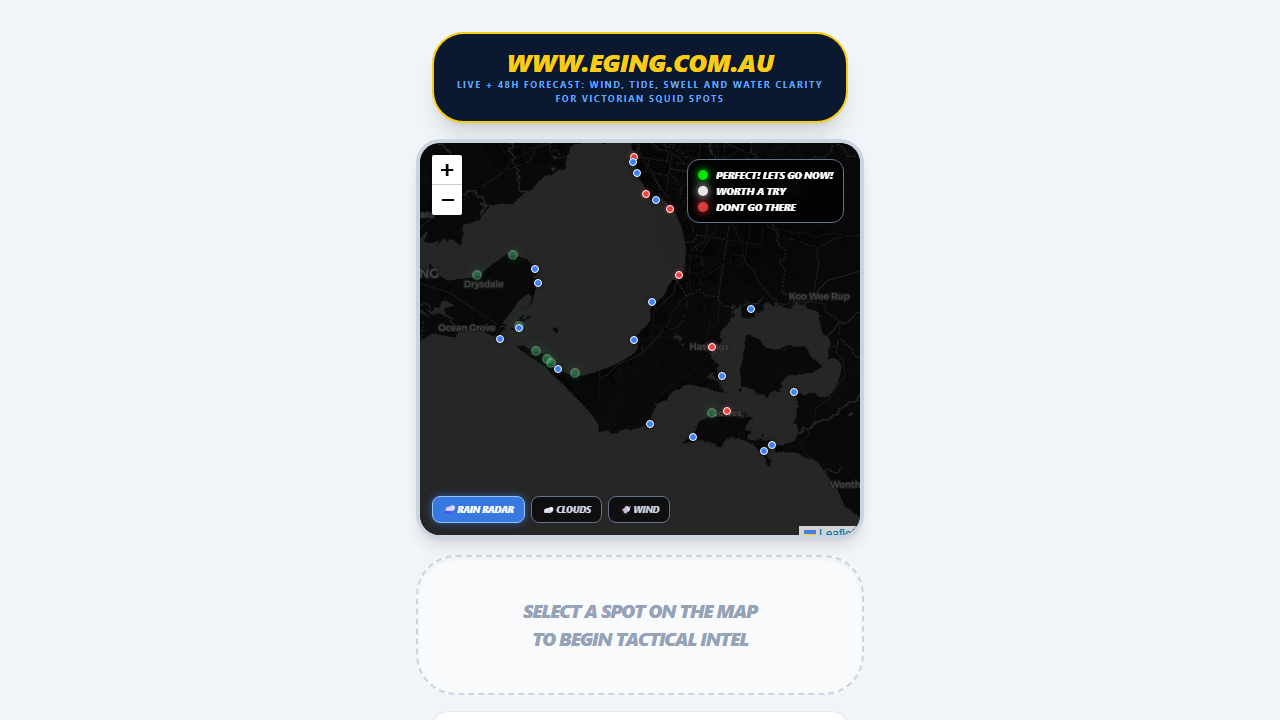 Victorian Squid Radar map with fishing spots around Port Phillip Bay and Western Port