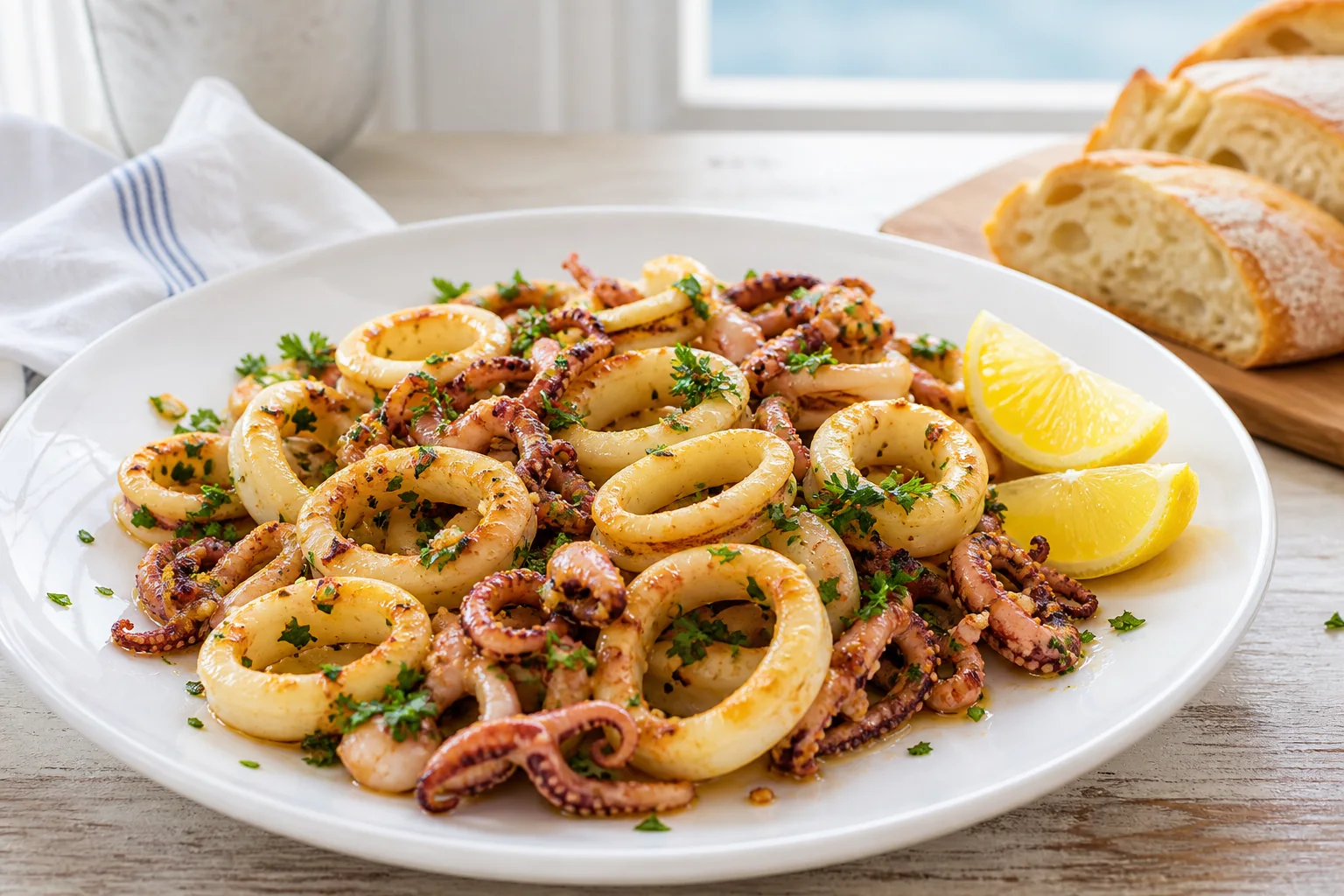 Garlic butter calamari with lemon, parsley and crusty bread