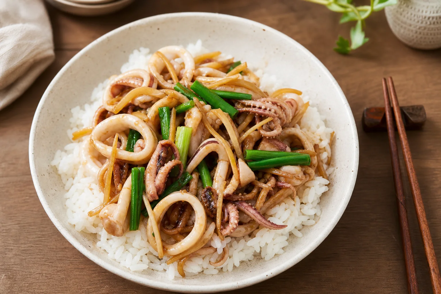 Ginger and spring onion squid served over steamed rice