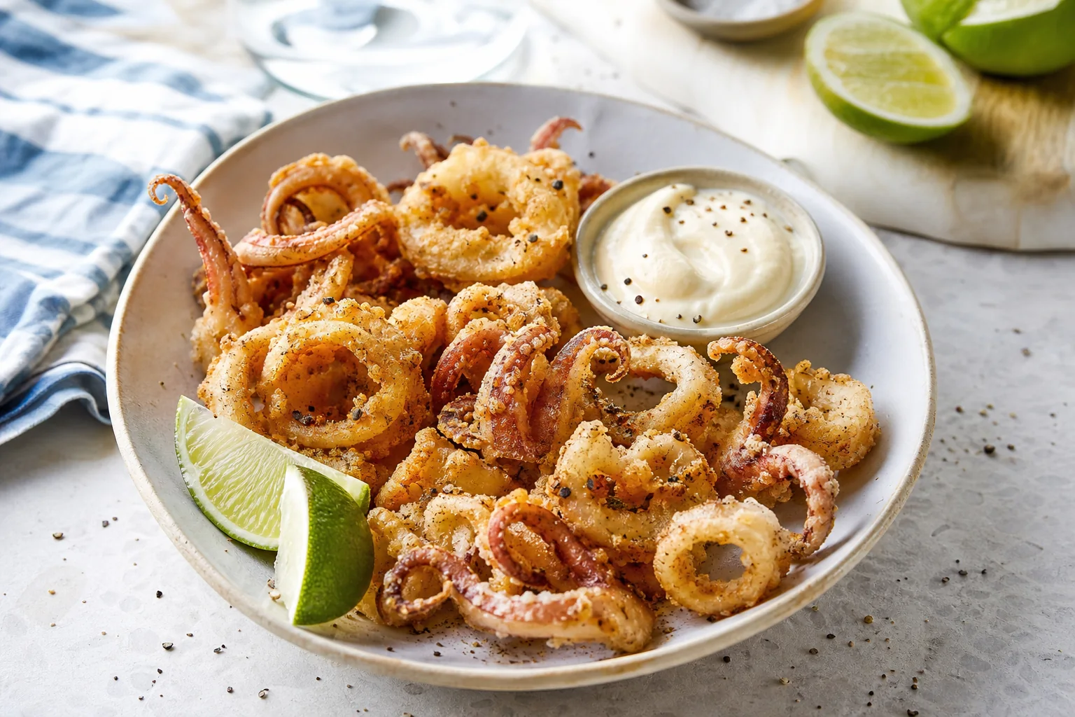 Salt and pepper squid with lime wedges and aioli