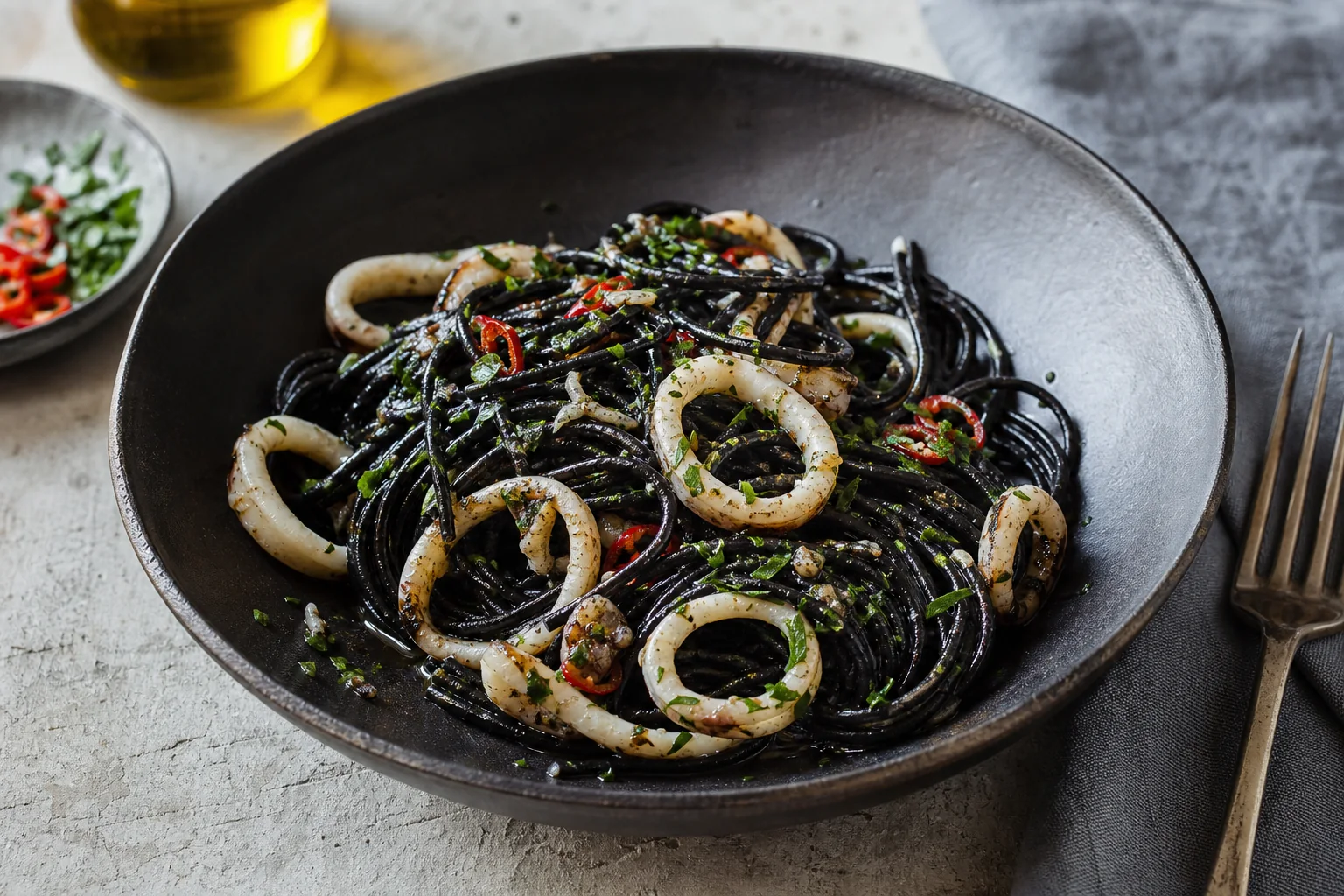 Squid ink pasta with fresh squid rings, chilli and parsley