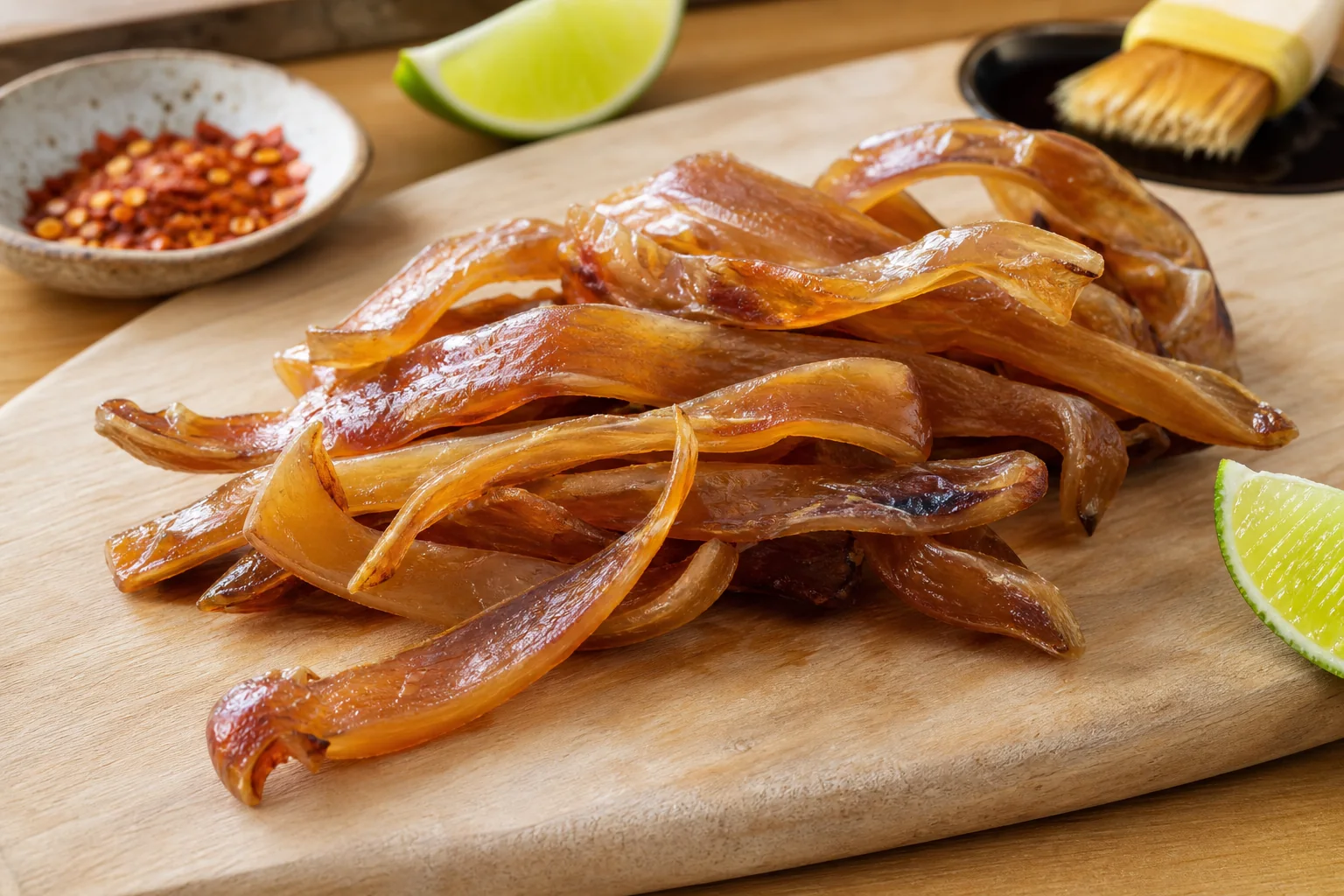 Homemade squid jerky strips with chilli, lime and soy marinade