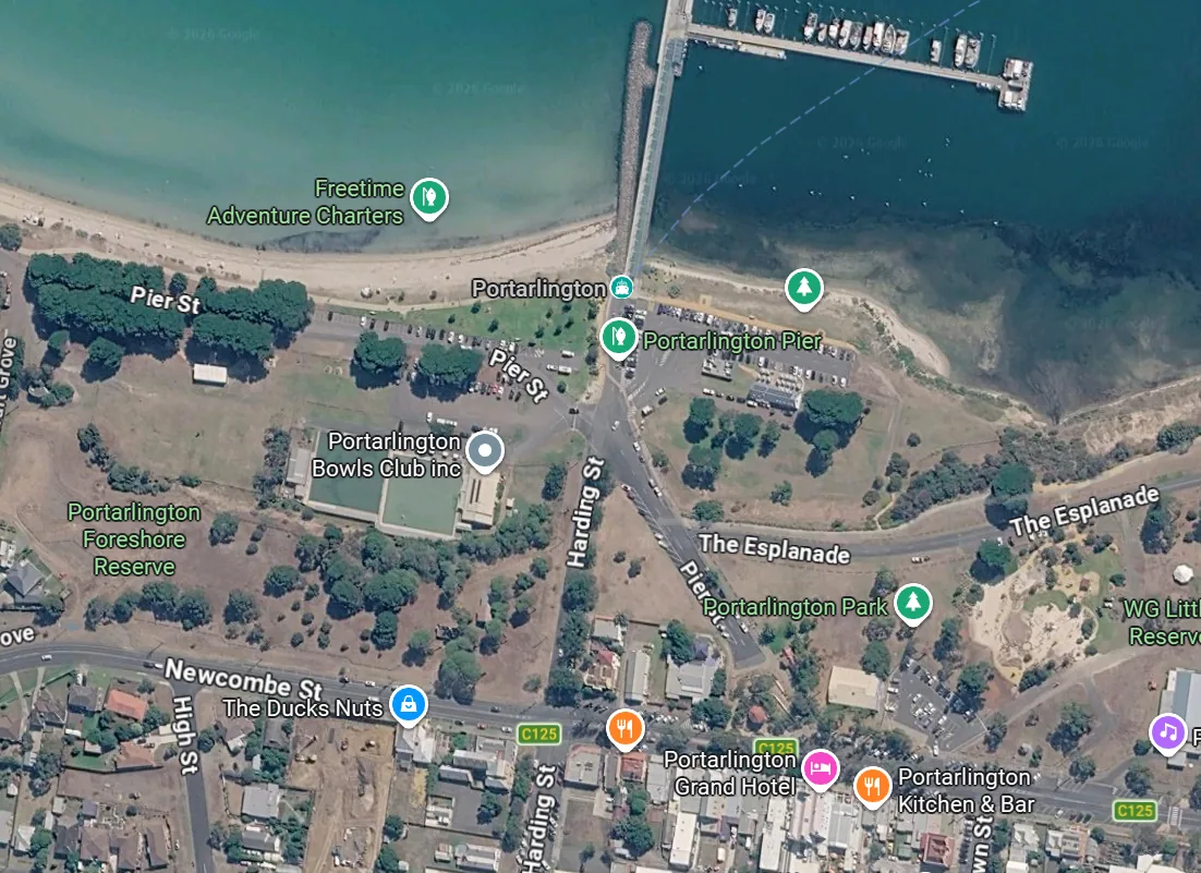 Satellite screenshot of Portarlington Pier showing nearby parking, foreshore reserve access, roads and facilities before walking to the pier