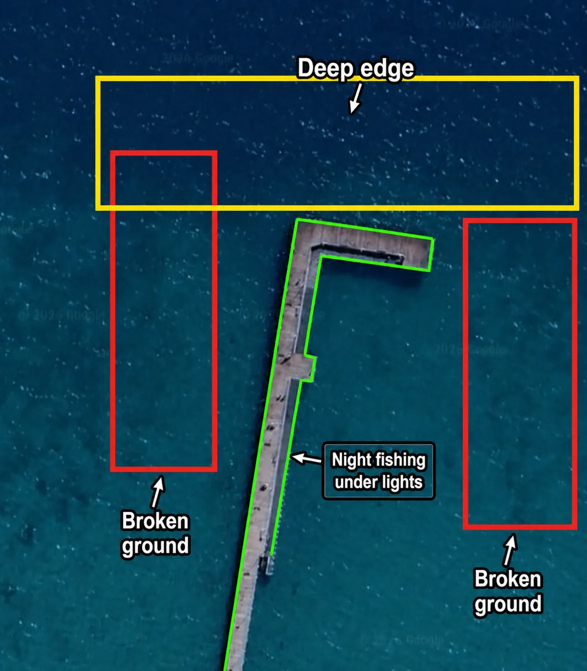 Annotated Rye Pier squid fishing structure showing deep edge, broken ground and night fishing under lights