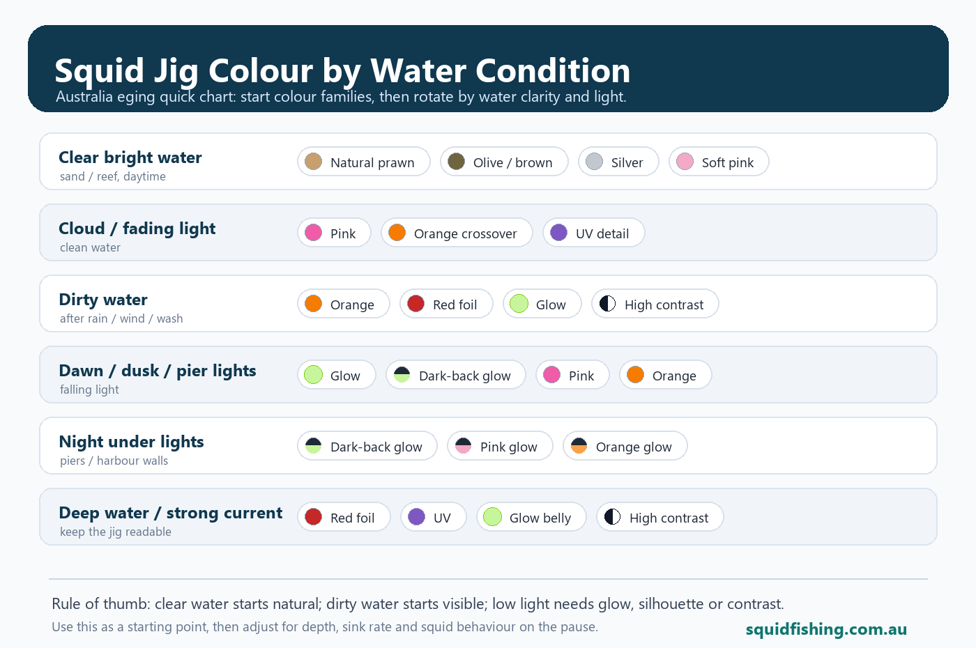 Squid jig colour chart by water condition for Australian eging